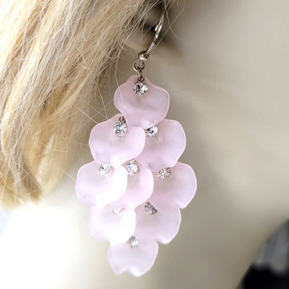 Pink Rose Petal Earrings with Crystals - Picture 1 of 9